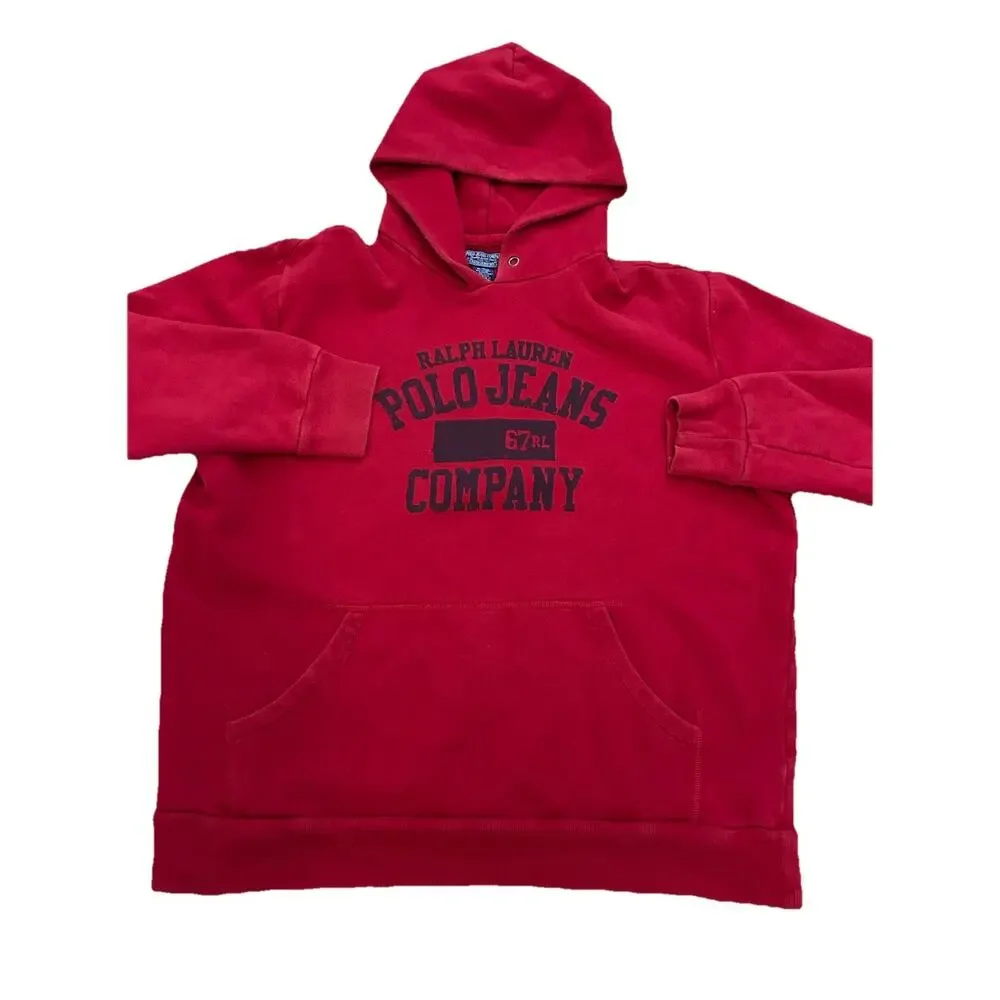 VTG RARE Polo Ralph Lauren Hoodie Sweatshirt Oversize Red DEADSTOCK 90s Label XL